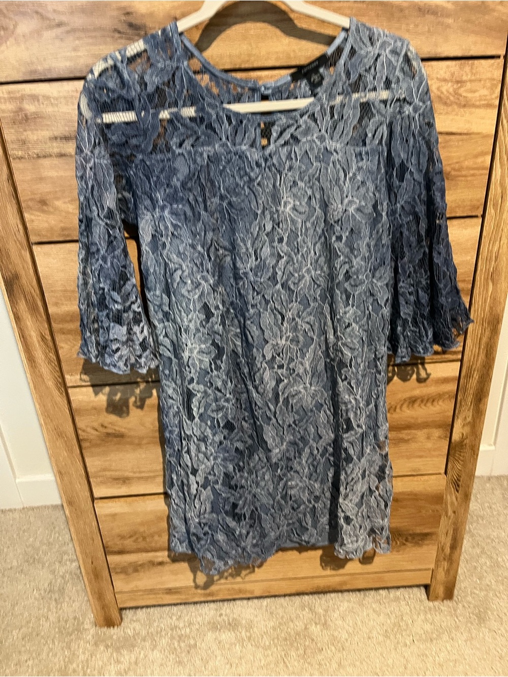 Espresso Dusty Blue Lace Overlay Dress in dipped dyed pattern